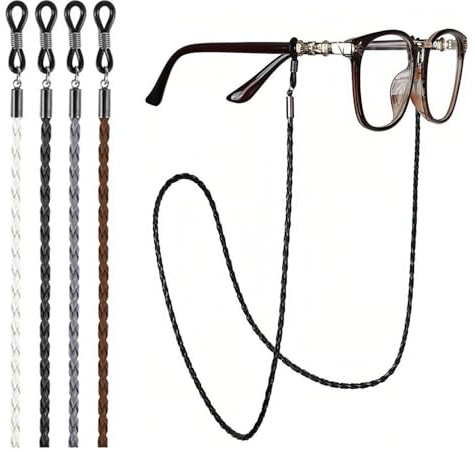 4 Stück Brillenkette Set, Geflochtene Brillenschnur,Verstellbare PU Brillenband Leder Damen und Herren,Geeignet für Sonnenbrillen,Lesebrillen,Schutzbrillen