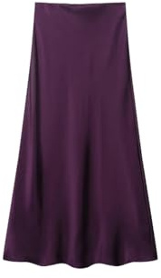 Gonna longuette da donna in raso di seta a vita alta da donna tinta unita A-Line, Viola scuro, L