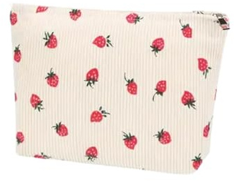 Strawberry Print Corduroy Cosmetic Makeup Bag - Cream