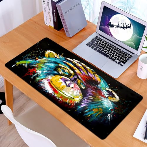 KDWJS Gaming Mauspad XXL 90x40cm Mousepad Groß Vernähte Kanten Anti-Rutsch für PC,Original-Ölgemälde. Gemalter AFFE in leuchtenden Farben auf schwarzem,Laptop Verbessert Präzision und Geschwindigkeit