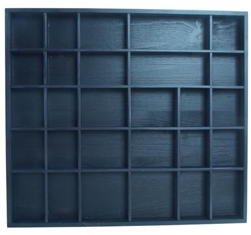WooDeeDoo Wooden 28 Compartments Display Trinkets Shelf - Hand-Stained - Black - Matt - Multi Sections Wall Keepsakes Rack Minifigures Crystals Decorative Cabinet - 45 x 40 x 3.5 cm
