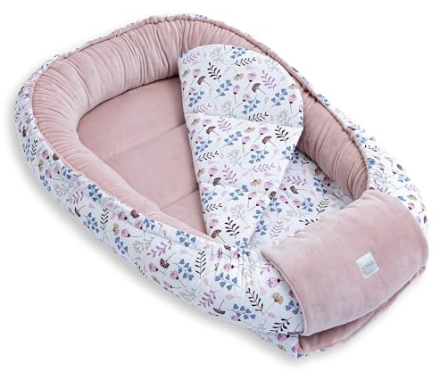 LOOLAY Babynest, Nestchen für Neugeborene – Baby Nestchen 91 × 63 cm mit Matratze, Tragbares Nest aus Samtvelours & Baumwolle (ROSA Velour/Blumen ROSA)