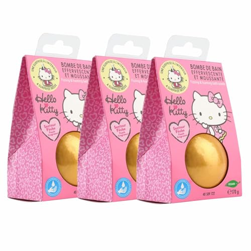 Home-Flair Hello Kitty Badebombe - große Badekugel Gold - 170g Schaum-Effekt - VEGAN - mit Überraschungsanhänger (Hello Kitty, 3 Kugeln)