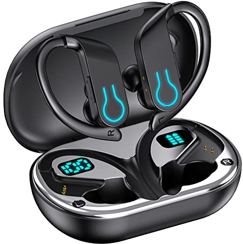 Paekole Auriculares Inalámbricos Deportivos con Gancho Bluetooth 5.3, IPX7 Impermeable, 120H Reproducción LED, 4 Micrófonos ENC Cancelación de Ruido