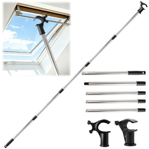 Teleskopstange Dachfenster 1,86 m, Dachfenster Bedienstange Fensteröffner mit 2 Hakenaufsätzen, Kompatibel mit VELUX GGL/GGU, Teleskop Bedienungsstange für Rollos und Fenstergriffe