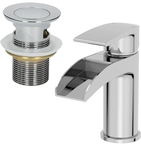 Architeckt® Motala Bathroom Basin Sink Mixer Tap with Waste Waterfall Spout Modern Mono Round Single Lever Handle Faucet for Sinks, Chrome