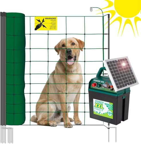 VOSS.PET Hundezaun Set, 50m Elektrozaun Weidezaun Elektronetz Hunde-Set mobil, Einzäunung im Garten, Weidezaungerät Power XXL B 9.000-S, 108cm 14 Pfähle 2 Spitzen grün