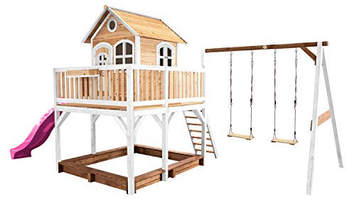 AXI Spielhaus Liam mit Sandkasten, Doppelschaukel & lila Rutsche | Stelzenhaus XXL in Braun & Weiß aus FSC Holz für Kinder | Spielturm mit Wellenrutsche & Schaukel für den Garten