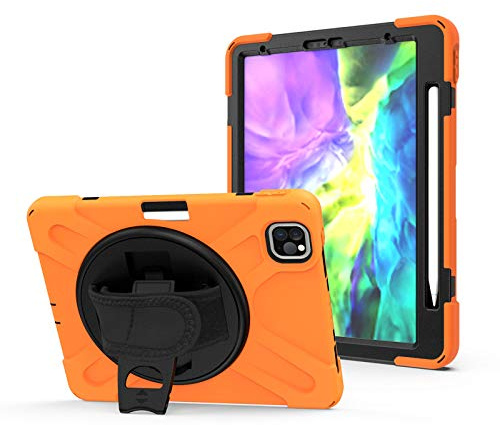 JCTek stoßfeste Schutzhülle für iPad Pro 27,9 cm (11 Zoll) 2020 Tablet, Hybrid-Armor, robuste Schutzhülle mit integriertem Stifthalter, Handschlaufe und Schultergurt, [drehbarer Ständer] orange