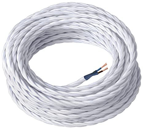 Amarcords - Cable de tela color BLANCO, trenzado, seda, 5 metros, con 2 conductores 2x0,75 - Hilo eléctrico textil de color estilo clásico para lámparas bricolaje y iluminación vintage.