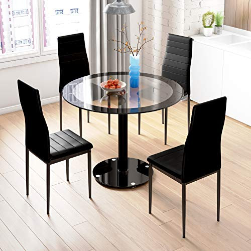 JEFFORDOUTLET Black Dining Table and Chairs Set of 4, Round Tempered Glass Table with High Back PU Leather Chairs
