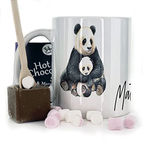 Personalised Mug and Belgian Milk Chocolate/Hot Chocolate Stirrer Marshmallow Gift Set, Custom Name (11oz) White, Yellow, Blue, Black, Pink Mug with Mother and Baby Panda Cuddle Design Print