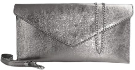 LeahWard Genuine Italian Suede Leather Envelope Clutch Bags Wrist Strap and Chain Strap Included Party Wedding Purse Handbag Cross Body Bag (D.Silver Leather)