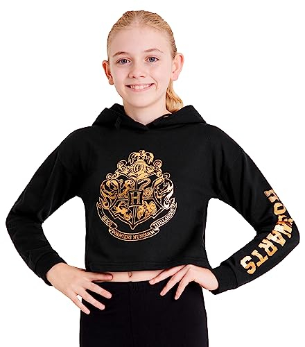 Harry Potter Mädchen Hoodie, Weicher und Bequemer Hogwarts Kapuzenpullover - Geschenke für Mädchen (Schwarz/Gold Kurz, 7-8 Jahre)