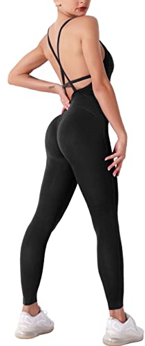 STARBILD Damen Sport Jumpsuit Rückenfrei Push Up, Yoga Bodysuit Honeycomb Overall Leggings, Playsuits Strampler Hosenanzug Trainingsanzug, M4180-schwarz M