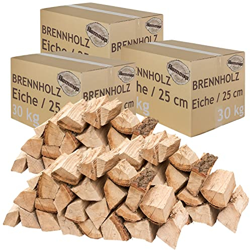 Brennholz Kaminholz Holz Eiche 5-500 kg Für Ofen und Kamin Kaminofen Feuerschale Grill Feuerholz Holzscheite Wood 25 cm kammergetrocknet flameup, Menge:90 kg