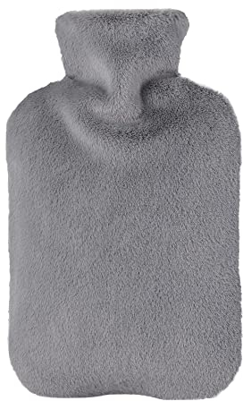 samply Hot Water Bottle with Furry Cover, 2L Hot Water Bag for Hot and Cold Compress, Hand Feet Warmer, Neck and Shoulder Pain Relief, Grey