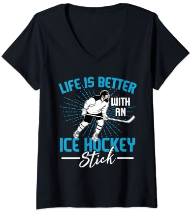 Damen Eishockeyschläger Puck Eissport Eishockey T-Shirt mit V-Ausschnitt