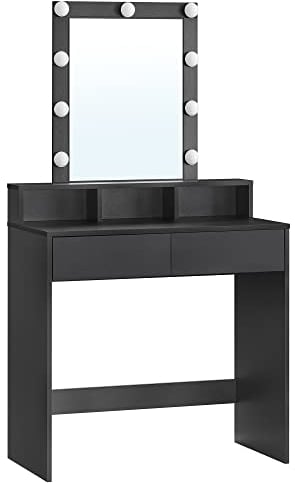 VASAGLE Schminktisch mit LED-Beleuchtung, einstellbare Helligkeit, Frisiertisch mit Spiegel, Kosmetiktisch mit 2 Schubladen und 3 offenen Fächern, Frisierkommode, modern, schwarz RDT114T16