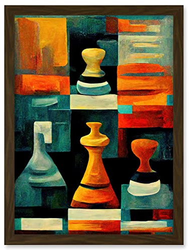 Doppelganger33 LTD Chess Board And Pieces Modern Abstract Oil Artwork Framed Wall Art Print A4