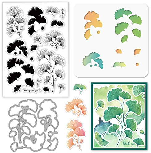 GLOBLELAND Ginkgo Stanzschablonen & klare Stempel & Malschablonen Herbst Ginkgoblätter Prägeschablone Silikonstempel hohle Malerei Schablone Set für Scrapbooking Kartenherstellung DIY Dekoration