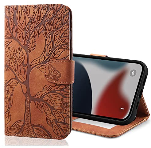 Nokverzy Handyhülle für Huawei P20 Lite Hülle Klappbar mit Kartenfach Magnet Geldbörse Baum Schmetterling Motiv Schutzhülle Handytasche Cover Flip Case für Huawei P20 Lite Klapphülle mit Band Braun