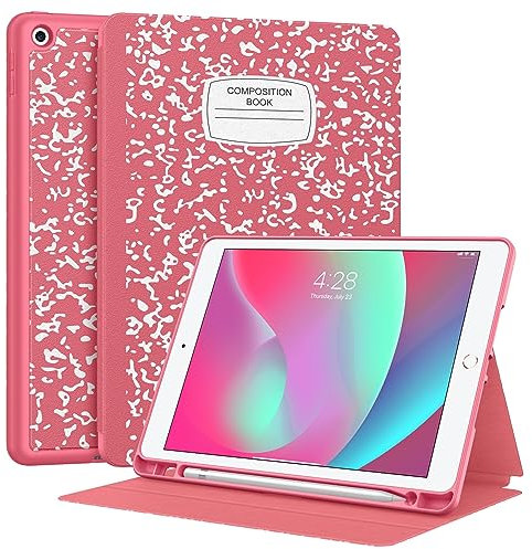 Supveco Hülle für iPad 9/8/7 Generation 10,2 Zoll (2021/2020/2019 Modell) mit Pencil Halter, Folio Stand Hülle mit Auto Schlafen Wachen, Weicher TPU Rücken schutzhülle für iPad 10.2 Zoll-Buch Rot