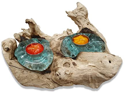 Geschmolzenes Glas auf Wurzelholz Teelichthalter | individueller Kerzenständer mit 1-3 Lichter (2er Teelicht)