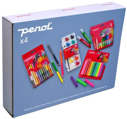 PENOL OF SCANDINAVIA Krea Activity Box – Faserfilzstifte mit Nordic Swan Ecolabel – 4 Sets in 1 (Duo-Farbstifte, Wasserfarben, Faserstifte, Modelliermasse) – Zeichen-Geschenkset für Kinder