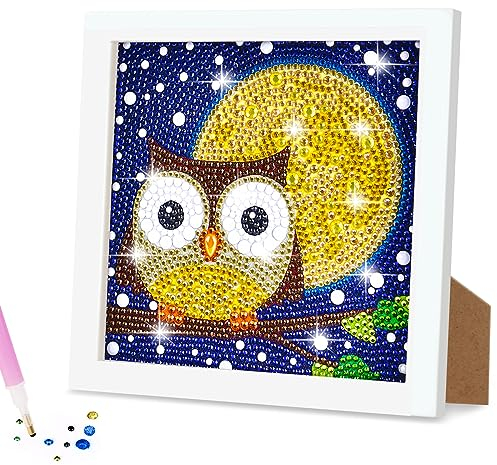 AUAUY Diamond Painting Kinder mit Holzrahmen, 5D DIY Diamond Painting Set, Malen Nach Zahlen Diamant Painting Kinder Mädchen Erwachsene, Diamant Painting Bilder Arts Craft für Home Wand Decor(Eule)