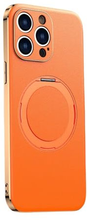 Soyeacrg Echtlederhülle für iPhone 15 Pro Max/15 Pro/15 Plus/15, [Kompatibel mit MagSafe] 360° drehbarer Magnetring, galvanisierter Rahmen, Kratzfeste, schlanke Hülle,Orange,15 Pro Max