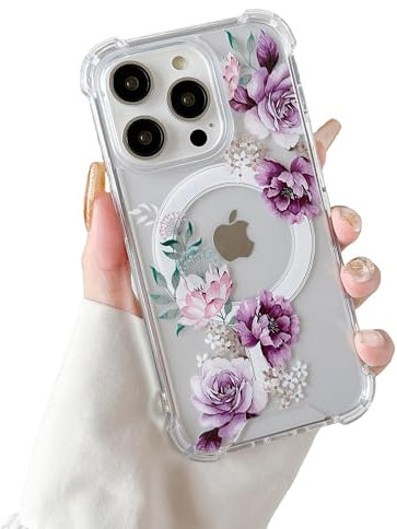 DEFBSC Magnetic Case for iPhone 14 Pro [Compatible with Magsafe], Clear Floral Flower Print Design Flexible Acrylic Bumper Protective Shockproof Case for iPhone 14 Pro - Purple Peony