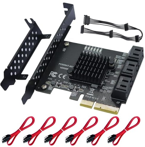 Xdingjiala PCIE Schnittstelle-4X SATA Karte 6 Ports, mit 6 SATA Kabel und Low Profile Halterung, PCIE zu SATA 3.0 6 Gbps Controller, ASM1166 Chip