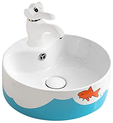 MOOWI Waschbecken Kleine Badezimmerspüle Geeignet for Kinder, süßes Rundwaschbecken/keramischer Arbeitsplatte Sink und Wasserhahn-Set (mit Überlauf) Aufsatzwaschbecken