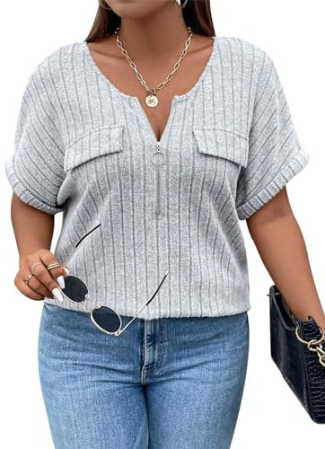 Gemulate Womens Top Short Sleeve V Neck Plus Size Thick Cardigans for Women UK Plus Size Batwing Tops for Women UK Going Out Tops for Women UK Plus Size Ladies Casual T Shirt - Light Grey, XXX-Large