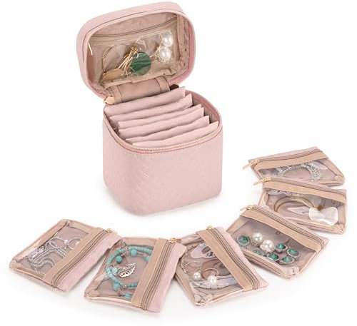 Teamoy Borsa da Viaggio per Gioielli Organizzatore Borsa per Gioielli Portatile con 6 Tasche con Cerniera Custodia da Viaggio per Gioielli per Collana, Bracciale, Orecchini, Anelli-Rosa