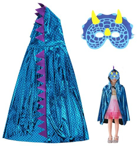 Aomig Cape Dinosaure Déguisement Enfant, Bleu Costume de Dragon de Cape de Dinosaure, Dinosaure Dinosaure Cape À Capuche Manteau avec Masque pour Garçon Fille Cosplay Halloween Carnaval Noël Fête