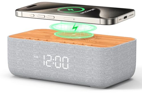 Reacher Réveil Station de charge sans fil pour iPhone, chargeur sans fil rapide de 15 W, machine à bruit blanc pour dormir, réglable pour chambre à coucher, effet bois.