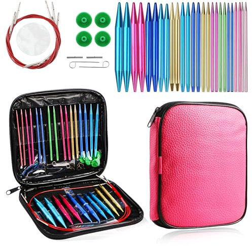 37pcs Rundstricknadeln Set Austauschbar Aluminium - Ergonomische Griffe, mehrere Größen, Qualität Drähte, perfekt für Stricken Projekt(Markierungen)