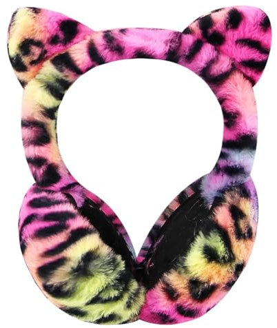 Cute Animal Earmuffs for Girls Women, Leopard Faux Fur Cat Ear Muffs Foldable Winter Warm Plush Ear Covers Ear Warmers Headband Outdoor Windproof Cold Weather Headwear for Ski Cycling Camping Running