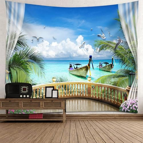 Daesar Tapestry Wall Hanging 210x140CM, Wandbehang Wandteppich Natur Balkon Meer und Schiffe Wandteppich Polyester Outdoor Kinderzimmer