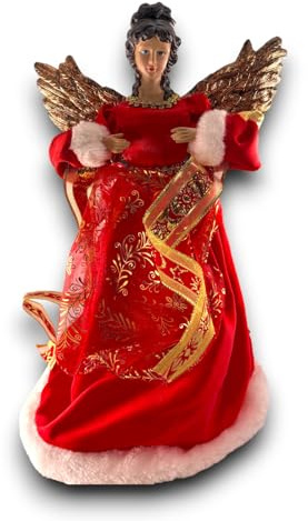 Puntale Angelo Natalizio Decorativo Abito Rosso e Dettagli Oro - Statuina Angelo Gloria in tessuto Decorazioni Natalizie - Statua per Albero di Natale, Tavolo e Camino (40 Cm, Ali Oro)