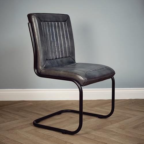 Elm home and garden 100% Real Genuine Leather Dining Kitchen Chair Metal Frame Tan Brown Grey Fully Assembled 93cm High x 52cm Wide x 61cm Deep (Grey)