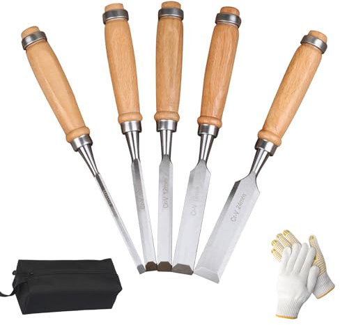 Holz Meißel Set 5-teilig Flach Stechbeitel Set,Holzschnitzwerkzeug Satz, Holz Meißel für CR-V Stahl Kante 6/10/12/18/24 mm