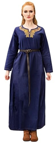 Leonardo Carbone® Damen Kleid Aslaug | Kunstvolle Stickerei | Fließende Silhouette | Karneval, Halloween, Cosplay, LARP, Mittelalter, Wikinger, Kostüm | 100% Baumwolle Blau XS