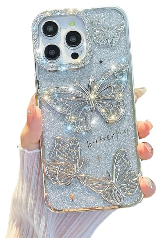 Emlivi Glitzer Hülle für iPhone 11, 3D Schmetterling Bling Diamant Handyhülle Transparent Soft TPU Bumper Cover, Farbverlauf Karte, Kameraschutz Stoßfest Schutzhülle für iPhone 11, Silber
