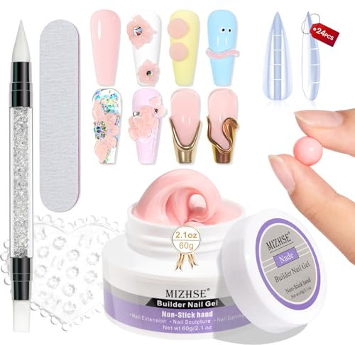 MIZHSE Rosa Fester Builder Gel Set für Nagelverlängerung und 3D Nail Art, Aufbaugel für Gelnägel mit Silikon Nagel Pinsel, Multifunktions Builder Gel für Nageldesign, Non Stick Rosa 60G 1PC