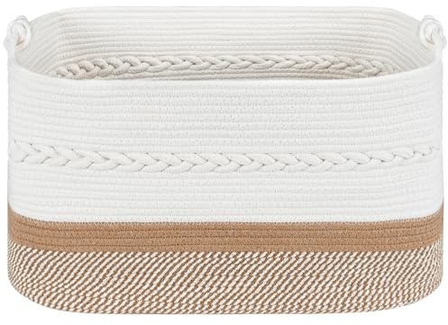 VSIWB Cotton Rope Laundry Basket with Handle, 65 L Large Boho Woven Storage Organiser Baskets, Blanket Kids Toy Dirty Clothes Laundry Hamper for Living Room Nursery Bedroom, White & Brown