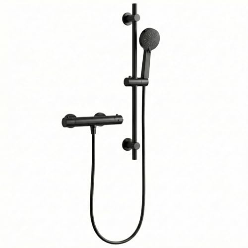 Arko Thermostatic Shower Mixer with Adjustable Riser Kit, Wall Mounted Exposed Thermostatic Shower Set, Wall Mounted Hand Shower with Rise Rail (Round, Black)