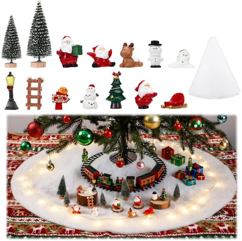 Soulchen 18 Pcs Christmas Model Train Scene Accessories Christmas Tree Skirt with 17 Resin Figurines and Mini Trees for Xmas Model Train Layouts Holiday Decor